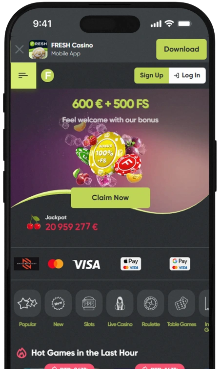 Fresh Casino mobilā lietotne.